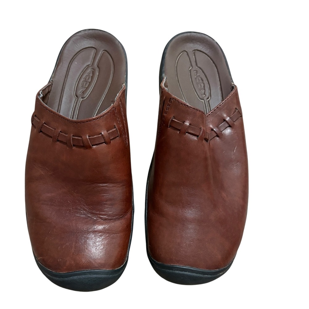Keen Winslow Womens 9.5 Mules Brown Leather Slip On Woven Clogs